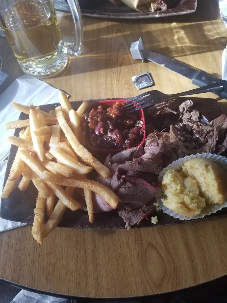 Brisket Beans Corn Bread and Fries